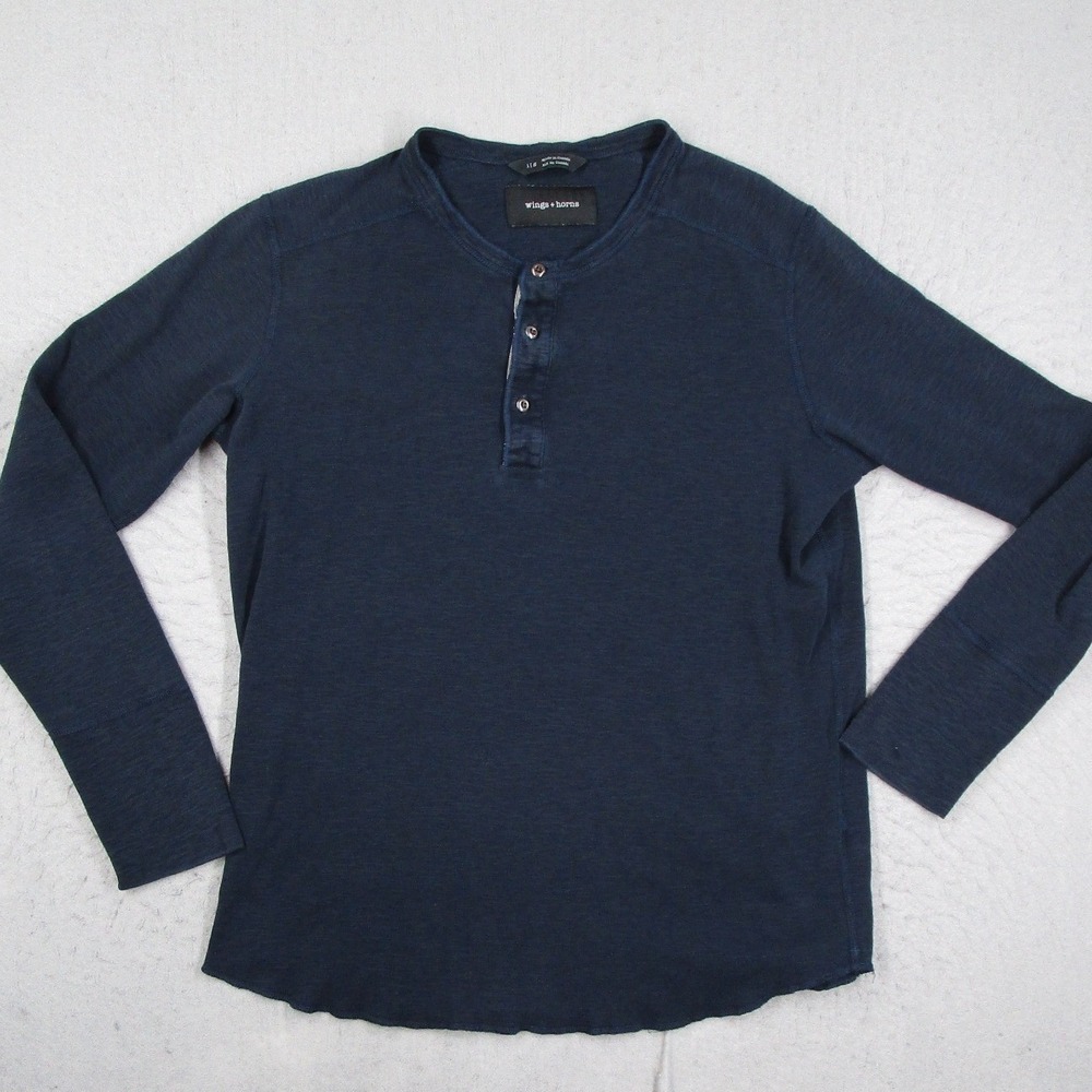 Wings + Horns Mens Navy Blue Long Sleeve Henley Shirt Size L Made in Canada